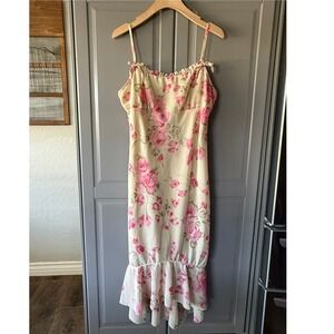Mileage Vintage 90s Rose Print Ruffle Hem Midi Slip Dress, Tan Pink, L
